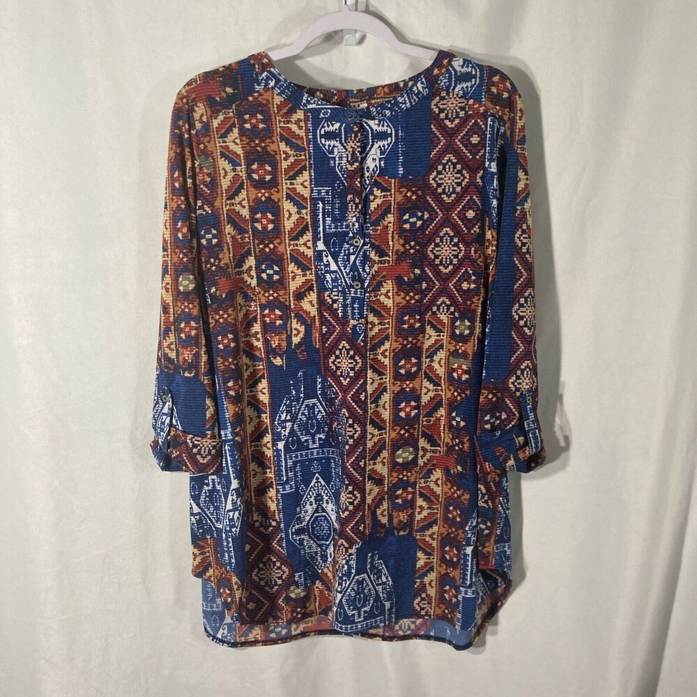 71-11 NYGARD multicolor geometric roll tab sleeves top 1X